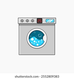 Illustration of a modern washing machine with a front-loading design. The door displays water and soap bubbles inside, with a digital timer reading "25" on the control panel. Minimalist style with a w