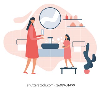 Ilustración de una mujer moderna vestida enseñando a una niña a lavarse las manos concienzudamente con jabón mientras se queda cerca del lavabo en el baño. El procedimiento higiénico diario. Ilustración vectorial de caricatura plana