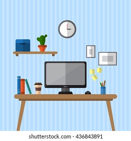 Illustration of modern workplace with desktop and office utensils. Creative office workspace. Flat style vector illustration
