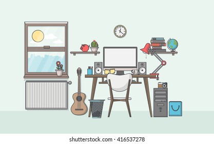 Illustration of modern workplace in room. 