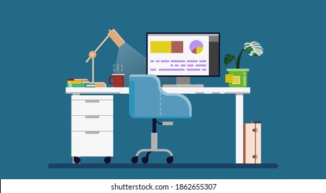 Illustration of modern workplace in room. Creative office workspace.