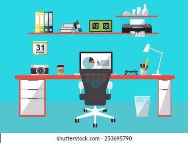 Illustration of modern workplace in room. Creative office workspace . Flat minimalistic style