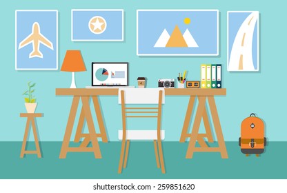 Illustration of modern workplace in room. Creative office workspace . Flat minimalistic style