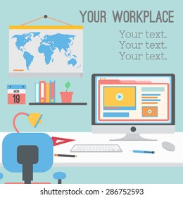 Illustration of modern workplace in room. Creative office workspace with map. Flat minimalistic style. Flat design 