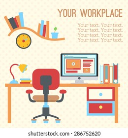 Illustration of modern workplace in room. Creative office workspace with shelf. Flat minimalistic style. Flat design 