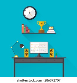 Illustration of modern workplace in room. Creative office workspace. Flat minimalistic style.1