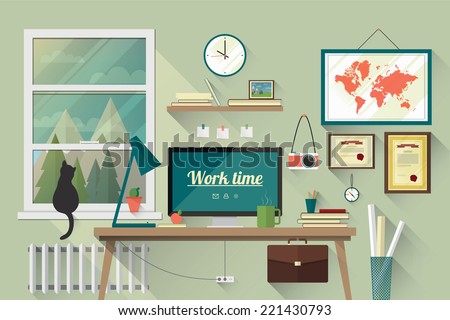 Illustration of  modern workplace in room. Creative office workspace with map. Flat minimalistic style. Flat design with long shadows.