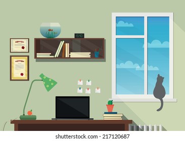 Illustration of the modern workplace in room. Flat minimalistic style. Flat design.