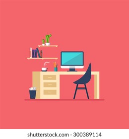 Illustration of  modern workplace in room Flat minimalistic style