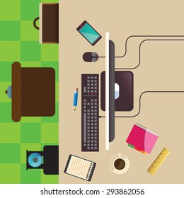Illustration of modern workplace in room. vector