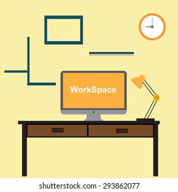 Illustration of modern workplace in room. vector