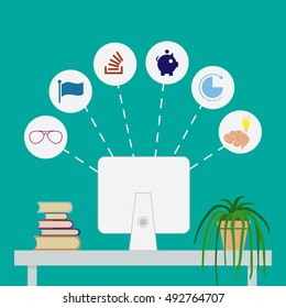 Illustration of modern workplace. Vector illustration. The world symbol inside with computer notebook strategy plan concept idea-illustration vector.