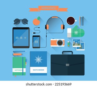 Illustration of modern workspace and equipment. Top view on office objects. Creative workplace. Vector illustration in minimalistic style. Flat design with long shadows. 