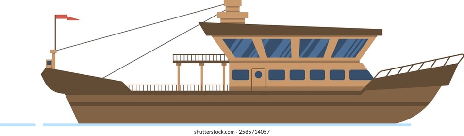 Illustration of a modern yacht featuring a sleek design, large windows, and a spacious deck. The vessel is depicted with a brown hull and a red flag, floating on calm blue water