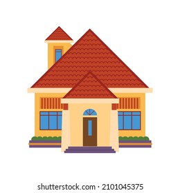 Illustration of modest house with pyramid roof. House with yellow paint flat design.