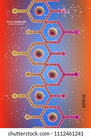 Illustration of molecular structure. Bright abstract design for biology, technology, medicine. Multicolored picture with blue, yellow, red and orange.