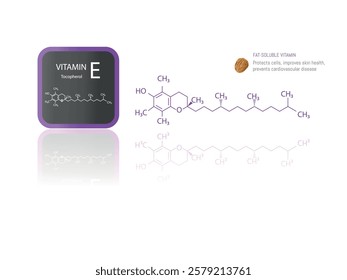 Illustration of the molecular structure of vitamin E (tocopherol) with iconography highlighting its role in cell protection and skin health.