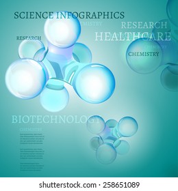 The illustration of molecule with infographics elements. Research and experiment charts and diagrams. Vector image for school and science templates.