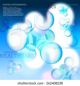 The illustration of molecule with infographics elements. Research and experiment charts and diagrams. Vector image for school and science templates.