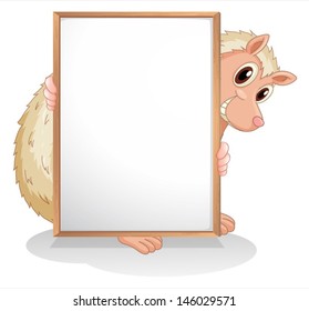 Illustration of a molehog holding an empty board on a white background 