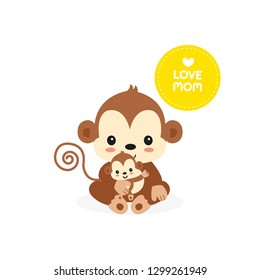 Illustration Of Mom And Baby Monkey Cartoon For Mother's Day Greeting Card.