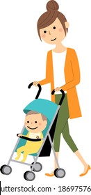 It is an illustration of a mom and a baby in a stroller.