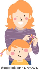 Illustration of a Mom Braiding Hair of Her Kid Daughter