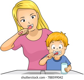 Illustration of a Mom Brushing Her Teeth Together with Her Son