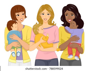 Illustration of a Mom Carrying Her Baby with similar Mom Friends Carrying their Babies