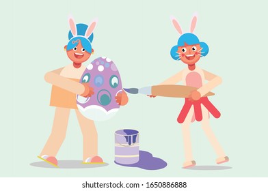 Una ilustración de una madre coloreando un huevo grande con su hija. Un vector de carácter de Pascua, esta ilustración también puede usar como pegatina. 