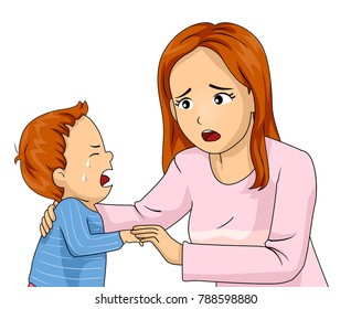 Ilustración de una madre consolando a su hijo llorando en pijama