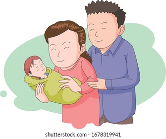 An illustration of mom and dad lovingly looking at a child.