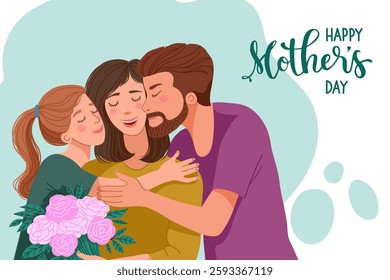 Illustration of mom, daughter, dad and text. Drawing for postcard or poster. Vector illustration