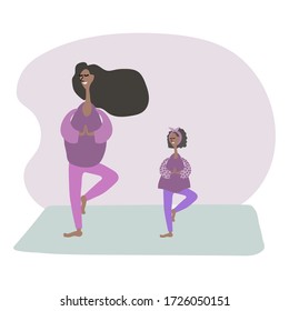 Illustration of mom with daughter occupations fitness at home. Freehand drawing illustrating the process of yoga parents with a child. Family drawing, kids wellness fitness exercise. Image shows