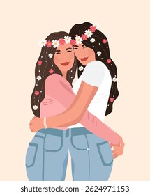 Illustration of mom and daughter on light pink background. Greeting card for a happy mother's day.