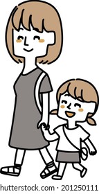 Illustration of mom and daughter walking hand in hand