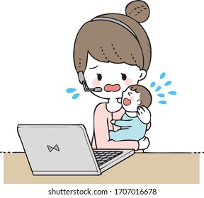Illustration of a mom doing remote work while crying a crying baby.