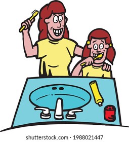 illustration of mom and doughter brushing teeth