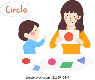 Ilustración de una madre con Flash Card of Circle and Kid Boy señalando diciendo el Círculo de la palabra. Una niña enseñando formas para la preparación de un jardín de infantes