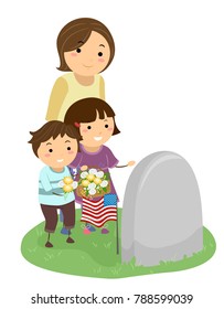 Ilustración de una madre con sus hijos llevando flores a una tumba con bandera estadounidense