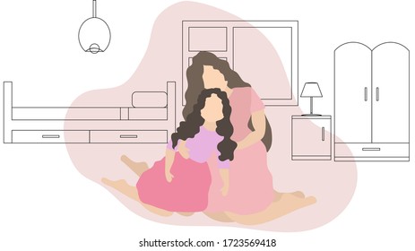 Illustration of mom hugs daughter in the room. Vector image, eps 10