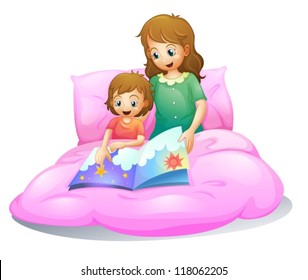 illustration of mom and kid sitting on a bed