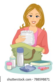 Illustration Of A Mom Packing Things Her Baby Needs When Going Out From Diaper, Milk, Bottle And Tissue