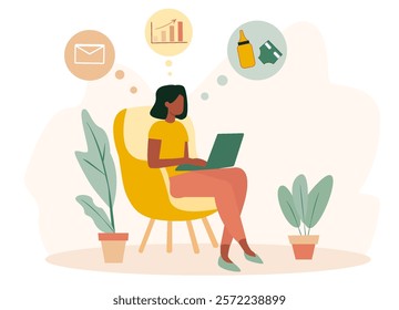 Illustration of a mom sitting in a chair working on a laptop with various thought bubbles depicting multitasking in business and family duties. Light background. Concept of work-life balance