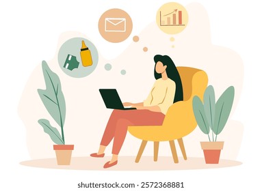 Illustration of a mom sitting in a chair working on a laptop with various thought bubbles depicting multitasking in business and family duties. Light background. Concept of work-life balance