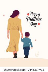 Ilustración de una madre y su hijo caminando. Ilustración vectorial sobre fondo blanco. Concepto del día de la madre. 