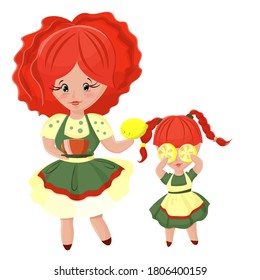 Illustration of a mom standing in the kitchen and holding a mug with lemon, daughter holding a mug of lemon in front of her eyes
