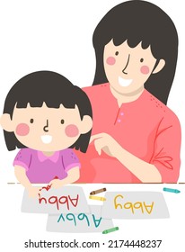 Illustration of a Mom Teaching Kid Girl How to Write Own Name in Paper Using Crayon for Kindergarten Preparation