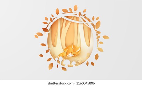 Illustration of mommy and baby fox live in the autumn forest. Cute fox family in autumn. paper cut and craft style. vector, illustration.