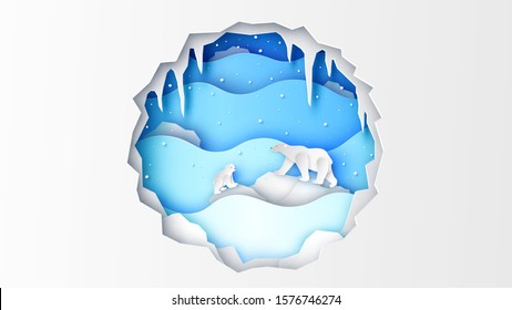 Illustration of mommy and baby polar bear living in north pole in Winter. Landscape in North pole. paper cut and craft style. vector, illustration.